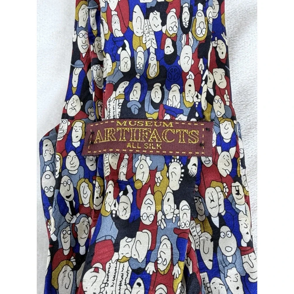 Museum Artifacts Silk Novelty Tie Historical Figures Cartoon Crowd Faces Necktie
